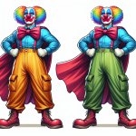 A superhero clown but silly, wearing cargo pants