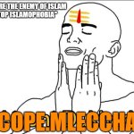 Cope Mleccha. | "YOU'RE THE ENEMY OF ISLAM 
STOP ISLAMOPHOBIA"; COPE.MLECCHA | image tagged in happy hindu | made w/ Imgflip meme maker