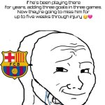 oh no | Dani Olmo has settled into Barça’s midfield as if he's been playing there for years, adding three goals in three games.

Now they’re going to miss him for up to five weeks through injury 😔💔 | image tagged in wojak mask,barcelona,dani olmo,oh shi,sports,why | made w/ Imgflip meme maker