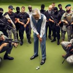 armed guards ring a putting green with an older man leaning over