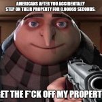 GET OFF MY PROPERTY | AMERICANS AFTER YOU ACCIDENTALLY STEP ON THEIR PROPERTY FOR 0.00069 SECONDS:; "GET THE F*CK OFF MY PROPERTY." | image tagged in gru gun,americans | made w/ Imgflip meme maker