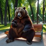 a bear sitting on a park bench looking at his cell phone