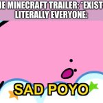 The animation bro, *Vomits* | THE MINECRAFT TRAILER: *EXISTS*
LITERALLY EVERYONE: | image tagged in sad poyo,funny,minecraft | made w/ Imgflip meme maker