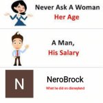 what did nero do? | NeroBrock; What he did on disneyland | image tagged in never ask a woman her age | made w/ Imgflip meme maker