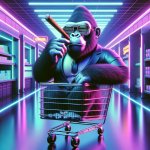 a gorilla in a shopping cart with sunglasses smoking a cigar in