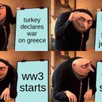 Gru's Plan | turkey declares war on greece; britain and france join war; ww3 starts; ww3 starts | image tagged in memes,gru's plan | made w/ Imgflip meme maker