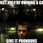 sory if this came out offensive | FIRST RULE OF OWNING A CAR; GIVE IT PRONOUNS | image tagged in first rule of the fight club,funny,memes | made w/ Imgflip meme maker