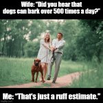 Ruff estimate | Wife: “Did you hear that dogs can bark over 500 times a day?”; Me: “That’s just a ruff estimate.” | image tagged in black square,dog,puns,husband wife | made w/ Imgflip meme maker