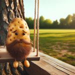 A sad and lonely potato with a black beard on a swing