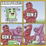 everyone in 2024 be like: | SKIBIDI TOILET! GEN Z; 9 YEAR OLDS; GEN Z; MILLIENIALS | image tagged in guy getting beat up | made w/ Imgflip meme maker