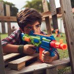 11 year old boy sniping nerf gun behind pallet barrier