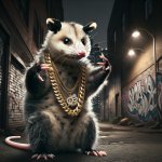 Opossum wearing gold chain throwing gang signs