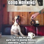 Dog Eat Dog World lol | GOOD MORNING! "It's a dog eat dog world and I'm wearing Milkbone underwear." - Norm (Cheers) | image tagged in coffee dog yawn tired,coffee,funny,lol,dogs | made w/ Imgflip meme maker