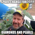 Spare Change For?? | SPARE CHANGE FOR???? DIAMONDS AND PEARLS | image tagged in peter plant,diamonds,pearl,funny memes,homeless | made w/ Imgflip meme maker