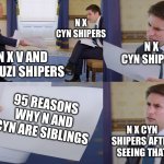 N x v and n x uzi need your help | N X CYN SHIPERS; N X CYN SHIPERS; N X V AND N X UZI SHIPERS; 95 REASONS WHY N AND CYN ARE SIBLINGS; N X CYN SHIPERS AFTER SEEING THAT | image tagged in trump interview,murder drones | made w/ Imgflip meme maker