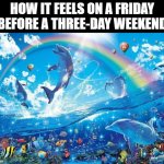 One of the best feelings | HOW IT FEELS ON A FRIDAY BEFORE A THREE-DAY WEEKEND | image tagged in happy dolphin rainbow,memes,fun | made w/ Imgflip meme maker