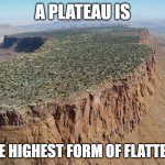 Plateau | A PLATEAU IS; THE HIGHEST FORM OF FLATTERY | image tagged in plateau | made w/ Imgflip meme maker