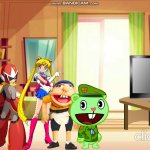 Megaman and Friends watching Sonic X in their house | image tagged in bedroom,megaman,sailor moon,jeffy,happy tree friends,sonic x | made w/ Imgflip meme maker