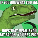 new philosoraptor | IF YOU ARE WHAT YOU EAT, DOES THAT MEAN IF YOU EAT BACON , YOU'RE A PIG? | image tagged in new philosoraptor | made w/ Imgflip meme maker