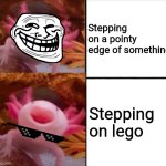 Ouch | Stepping on a pointy edge of something; Stepping on lego | image tagged in axolotl drake | made w/ Imgflip meme maker