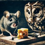 mouse considers cheese in mousetrap as owl looks on