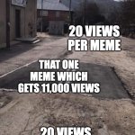 "every dog has its day" ahh meme | 20 VIEWS PER MEME; THAT ONE MEME WHICH GETS 11,000 VIEWS; 20 VIEWS PER MEME | image tagged in road repaired patch,memes,imgflip,imgflip meme,views | made w/ Imgflip meme maker