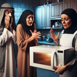 imam and Arab woman terrified of maid with microwave oven