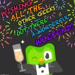 Enjoy yourself . . . the way you do | WISHING; ALL THE; OTHER GEEKS; OUT THERE; A WONDERFUL; WEEKEND! | image tagged in duo party night,duolingo,fun,weekend,good times,party | made w/ Imgflip meme maker