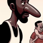 Black man with tanktop and a long large nose looks at the helple