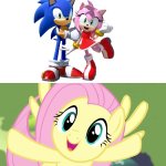 Fluttershy loves Sonic and Amy as a couple | image tagged in very happy fluttershy mlp | made w/ Imgflip meme maker