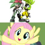 Fluttershy loves Scourge and Surge as a couple | image tagged in very happy fluttershy mlp | made w/ Imgflip meme maker