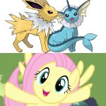 Fluttershy loves Jolteon and Vaporeon as a couple | image tagged in very happy fluttershy mlp | made w/ Imgflip meme maker