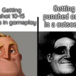 Teacher's Copy | Getting punched once in a cutscene; Getting shot 10-15 times in gameplay | image tagged in teacher's copy | made w/ Imgflip meme maker