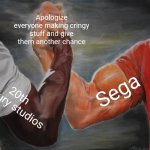 What sega and 20th Century studios have in common | Apologize everyone making cringy stuff and give them another chance; Sega; 20th century studios | image tagged in memes,epic handshake | made w/ Imgflip meme maker