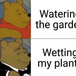 Pooh's guide to horticulture | Watering the garden; Wetting my plants | image tagged in memes,tuxedo winnie the pooh | made w/ Imgflip meme maker