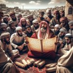 Arabs in Gaza gather around an imam who reads from a scroll