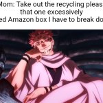 NOOOOO | Mom: Take out the recycling please
that one excessively taped Amazon box I have to break down: | image tagged in sukuna on throne | made w/ Imgflip meme maker