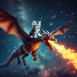 kitten riding a fire-breathing dragon