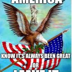 America | AMERICA; KNOW IT'S ALWAYS BEEN GREAT; OR; LEAVE IT | image tagged in america eagle statue of liberty | made w/ Imgflip meme maker