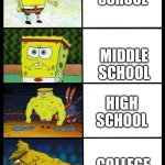 SpongeBob Gets Buffer | ELEMENTARY SCHOOL; MIDDLE SCHOOL; HIGH SCHOOL; COLLEGE | image tagged in spongebob gets buffer | made w/ Imgflip meme maker