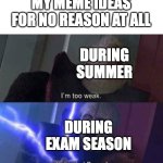 WHY | MY MEME IDEAS FOR NO REASON AT ALL; DURING SUMMER; DURING EXAM SEASON | image tagged in too weak unlimited power,memes,imgflip,meme ideas | made w/ Imgflip meme maker