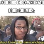 ooh no! i just crushed a crumb in between two lego bricks! | ME: BUILDING LEGOS WHILE EATING; FOOD CRUMBS: | image tagged in i am about to end this man s whole career | made w/ Imgflip meme maker