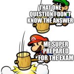 Luigi Smashes Mario | THAT ONE QUESTION I DON'T KNOW THE ANSWER; ME SUPER PREPARED FOR THE EXAM | image tagged in luigi smashes mario,mario,exam,school | made w/ Imgflip meme maker