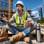 construction worker on lunch break explains something