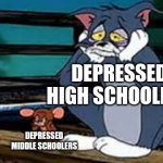 Depressed Tom and Jerry | DEPRESSED HIGH SCHOOLERS; DEPRESSED MIDDLE SCHOOLERS | image tagged in depressed tom and jerry | made w/ Imgflip meme maker