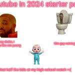 youtube | youtube in 2024 starter pack:; this guy ruining the kids; say drake, i hear u like em young; what half the kids at my high school watch >:( | image tagged in blank white template | made w/ Imgflip meme maker