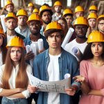 a group of students in an architecture class, each wearing hard