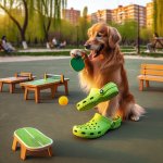 dog using crocs playing paddle