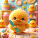 Cute fluffy yellow cartoon duck holding a knife