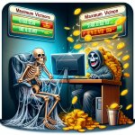 A humorous image of a skeleton sitting in front of a computer, w